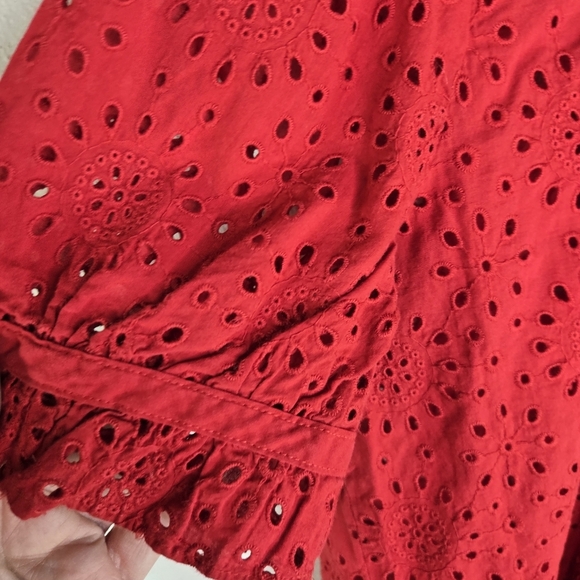 Madewell AJ939 Red Eyelet Tuffle Neck Keyhole Short Sleeve Blouse - Picture 6 of 6